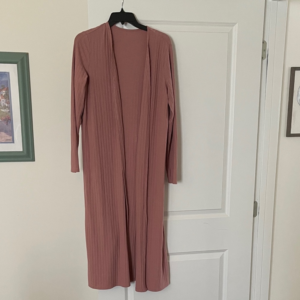 Boho style Long Ribbed Open Front Duster Cardigan - Dusty Rose